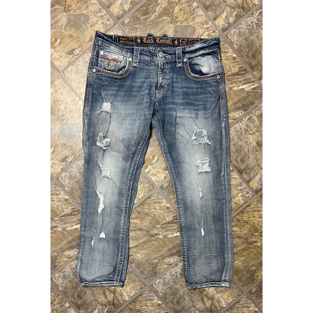 Rock Revival Creston Slim Straight Men 38 Blue Distressed Jeans